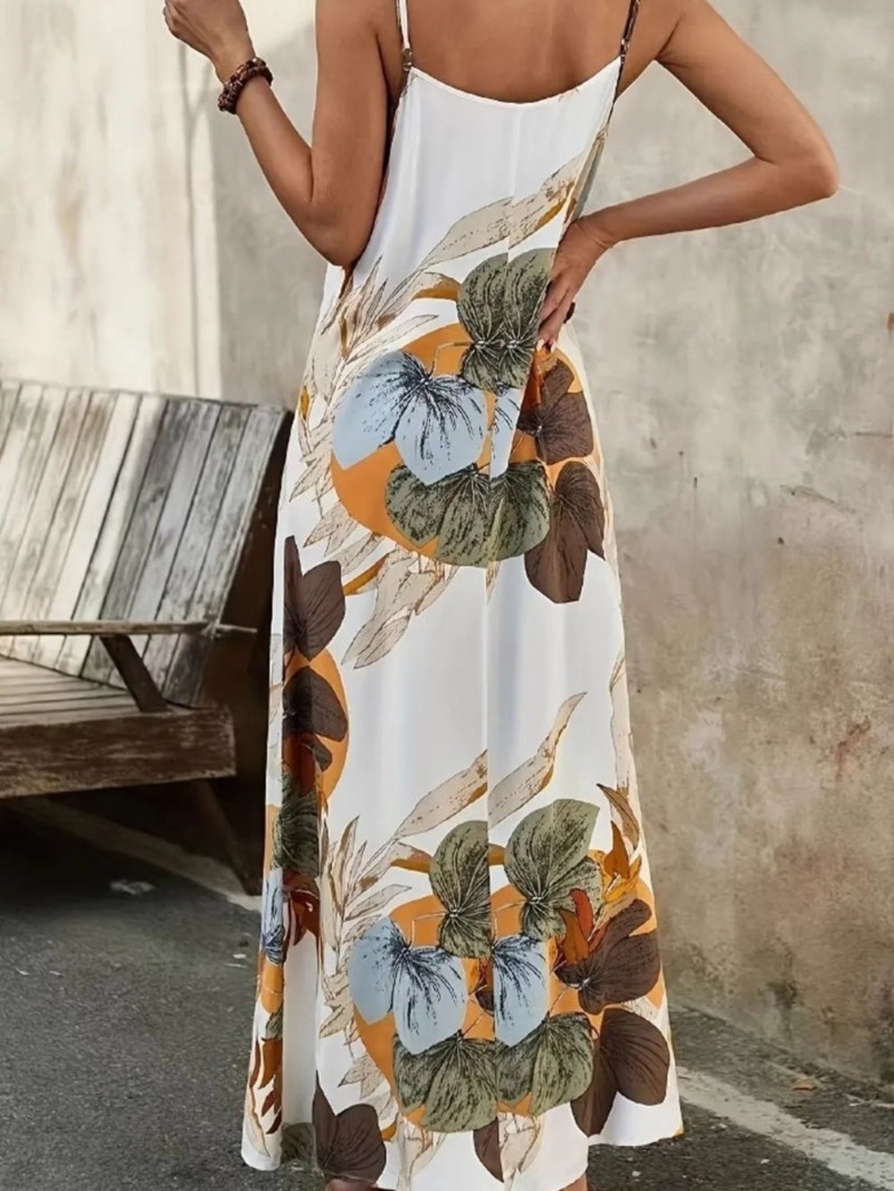 White Maxi Dress with Mustard, Olive & Brown Floral Print - Picture 3 of 4